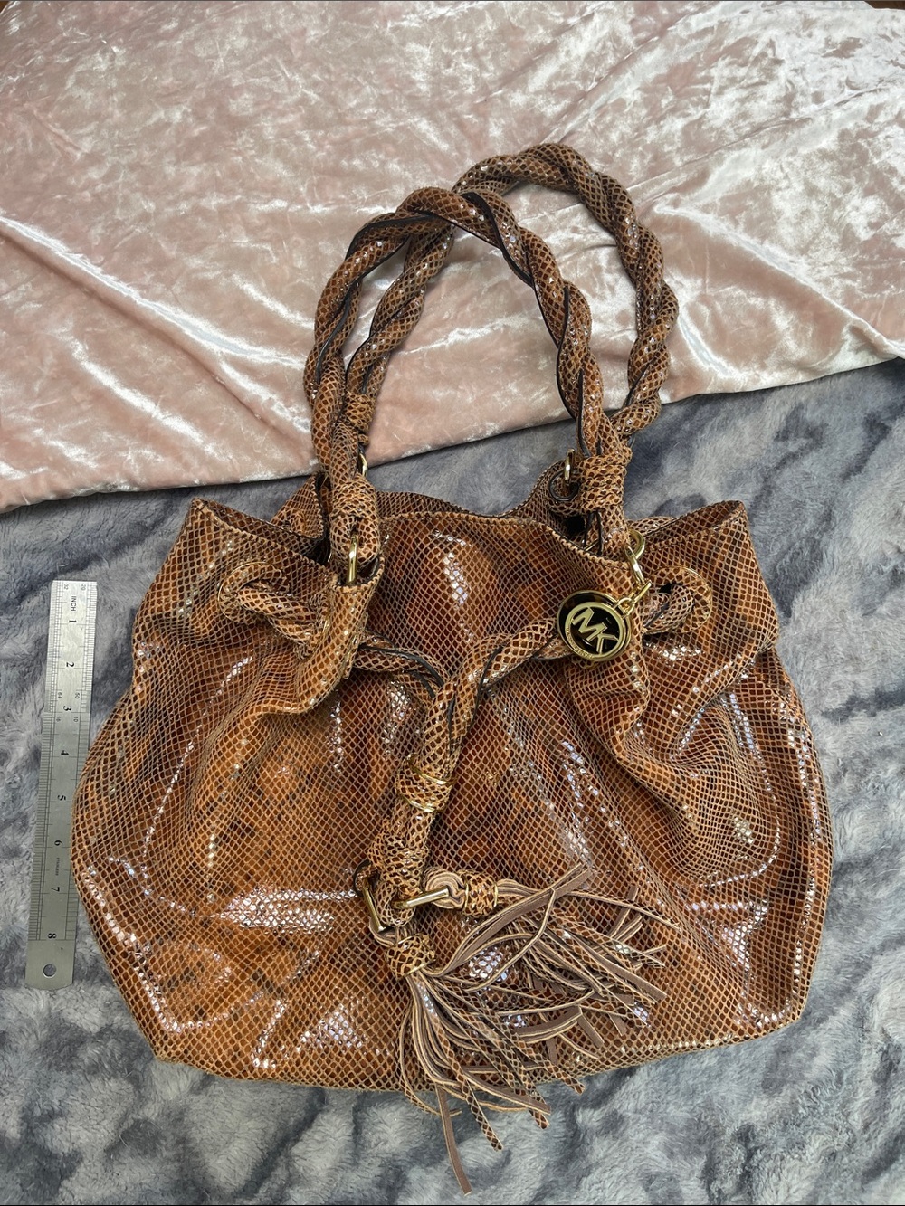 Michael Kors Brown Snakeskin-Effect Braided-Handle Shoulder Bag